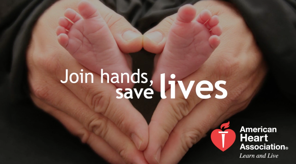 photo graphic of adult hands around infant feet with text Join hands, save lives and AHA logo