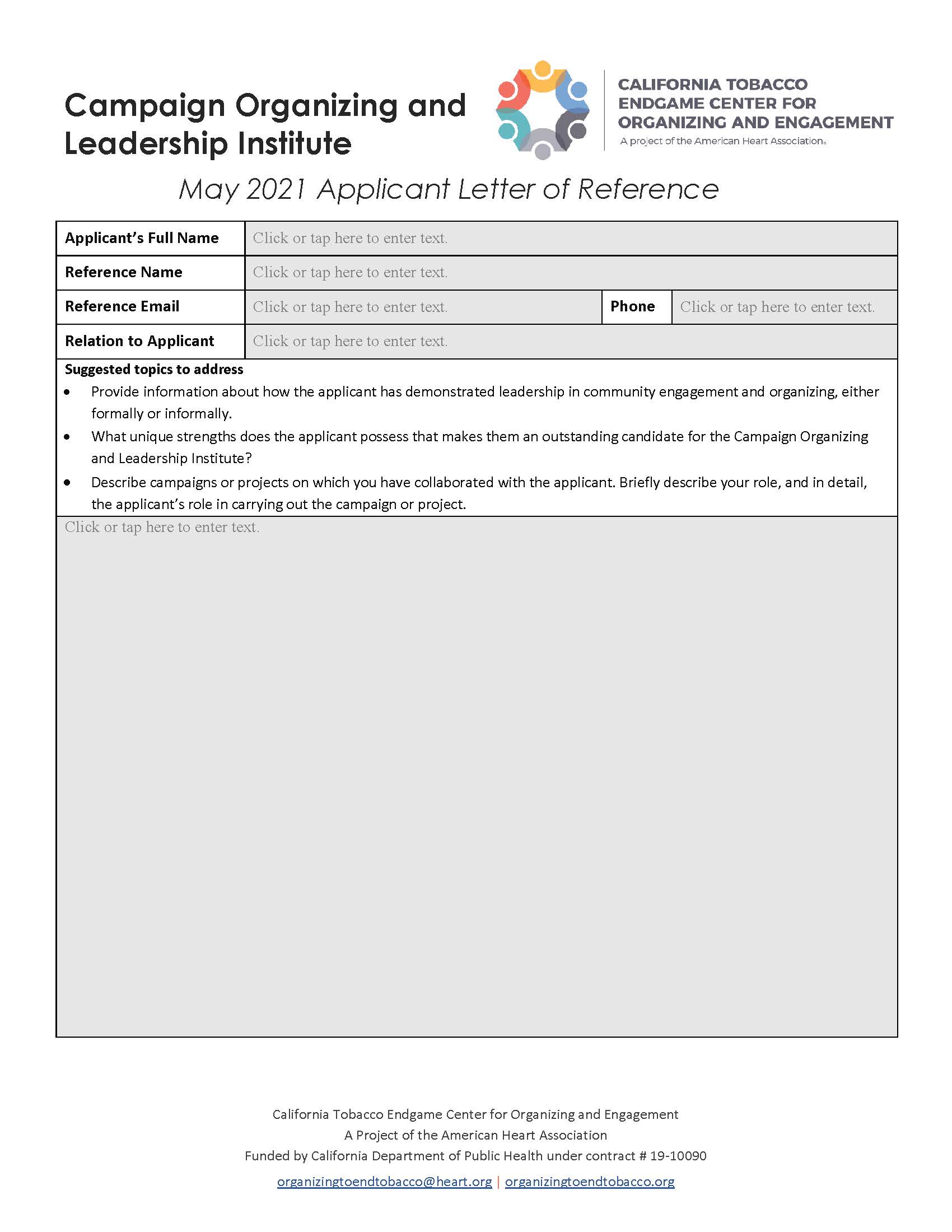 Campaign Organizing and Leadership Institute May 2021 Application Letter of Reference Form
