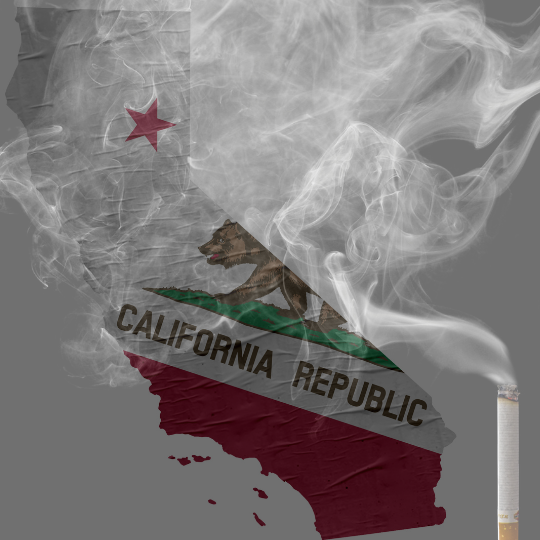 An outline of the state of California with the state flag covered in a haze of cigarette smoke.