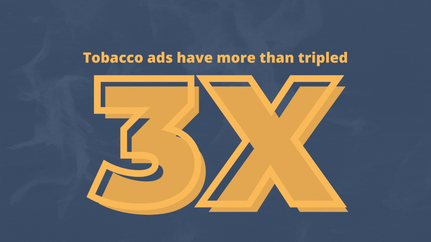 Twitter Animated gif that notes that Tobacco ads have more than tripled.